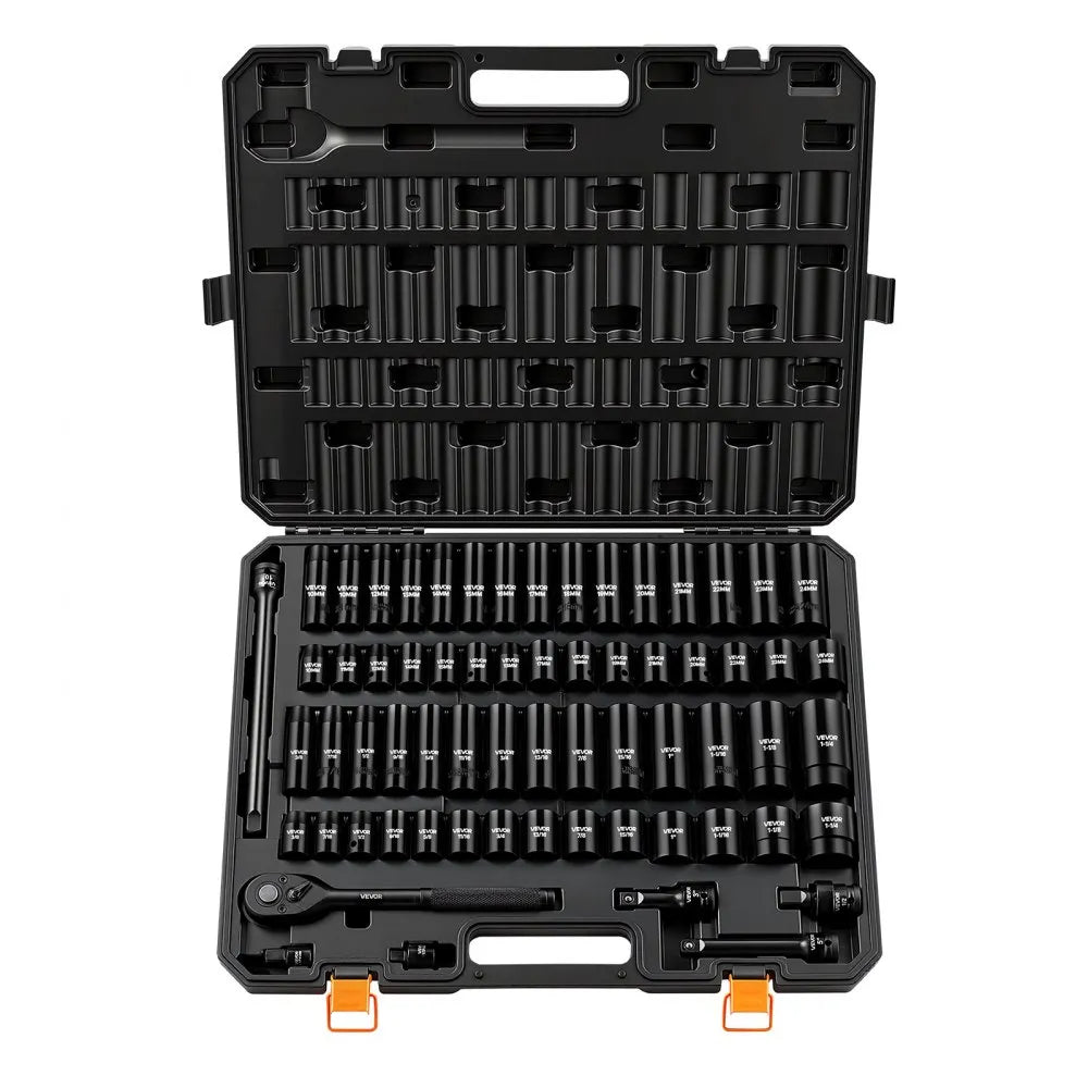 VEVOR 65-Piece 1/2" Drive Impact Socket Set, SAE & Metric 6-Point Sockets with Storage Case