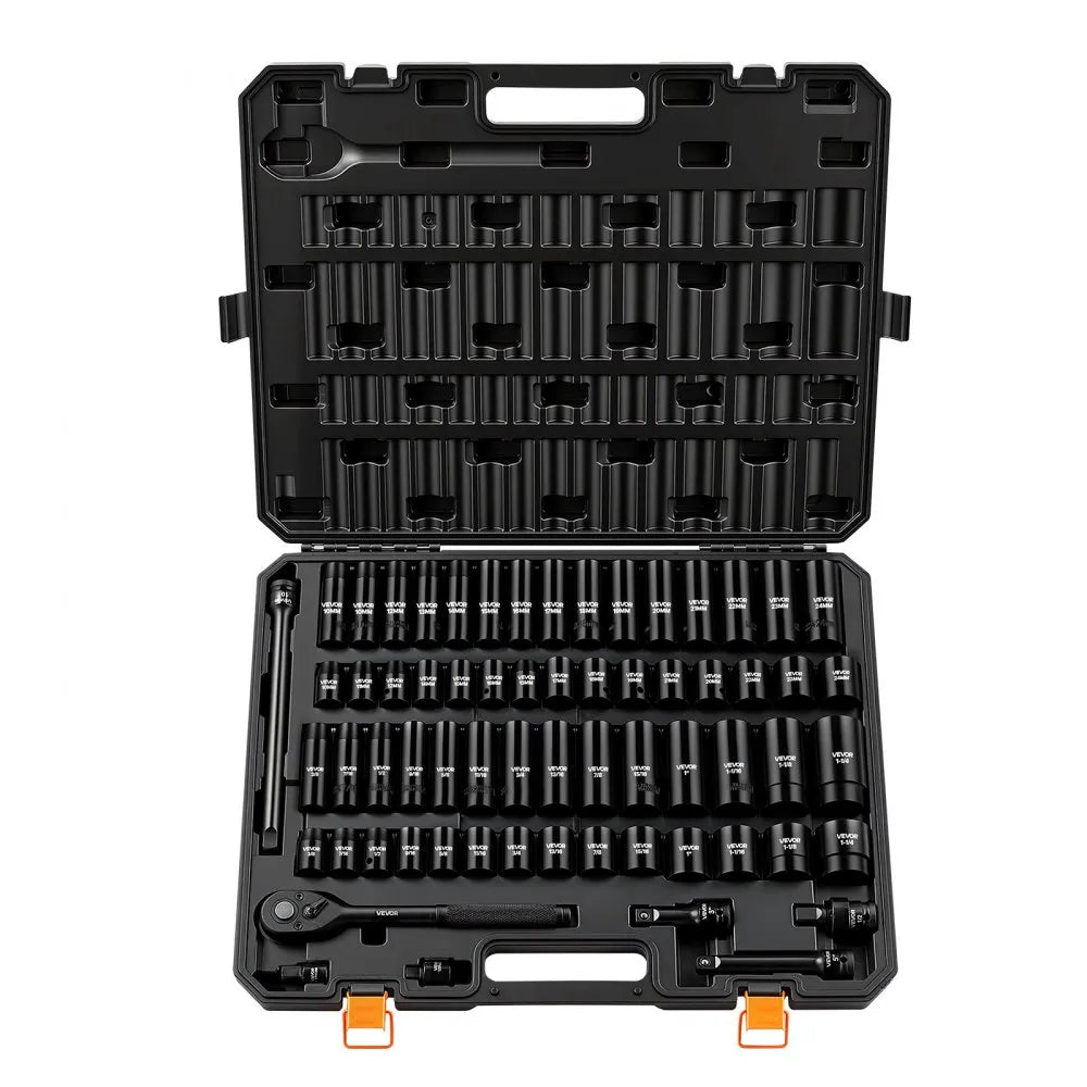 VEVOR 65-Piece 1/2" Drive Impact Socket Set, SAE & Metric 6-Point Sockets with Storage Case