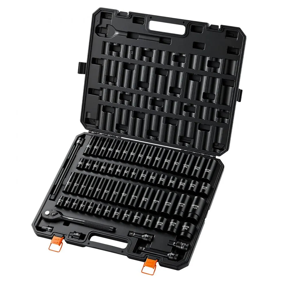 VEVOR 65-Piece 1/2" Drive Impact Socket Set, SAE & Metric 6-Point Sockets with Storage Case