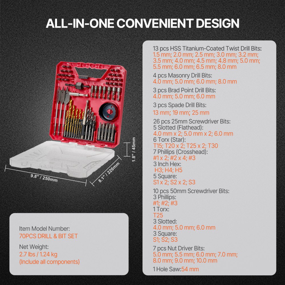 VEVOR Drill Bit Set 70 PCS Screwdriver Bit Set with Carrying Case Multi-purpose 
