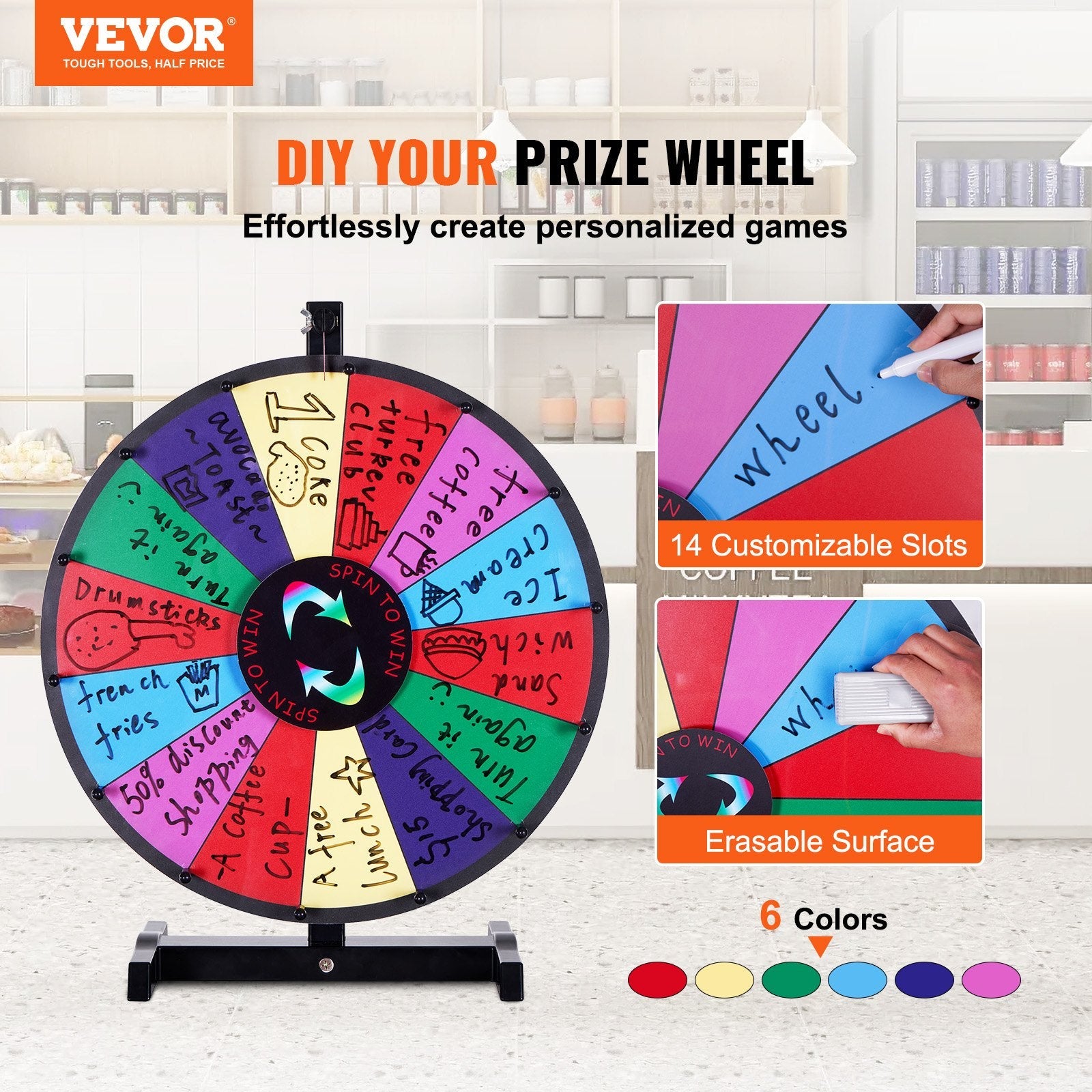 VEVOR 18 inch Spinning Prize Wheel, 14 Slots Tabletop Spinner, Heavy Duty Roulette Wheel with a Dry Erase and 2 Markers, Win Fortune Spin Games in Party Pub Trade Show Carnival 