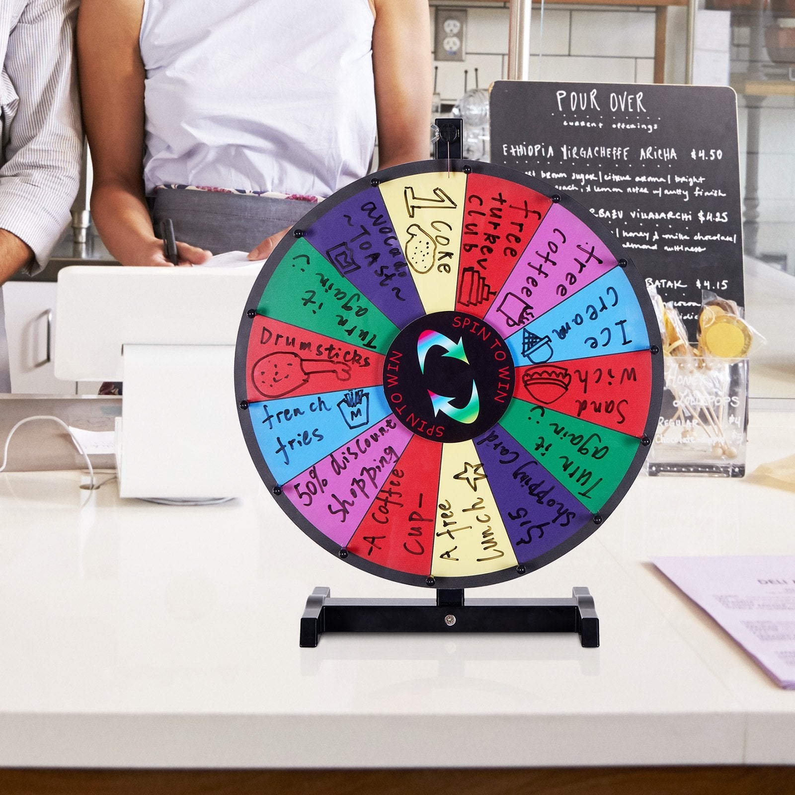 VEVOR 18 inch Spinning Prize Wheel, 14 Slots Tabletop Spinner, Heavy Duty Roulette Wheel with a Dry Erase and 2 Markers, Win Fortune Spin Games in Party Pub Trade Show Carnival 