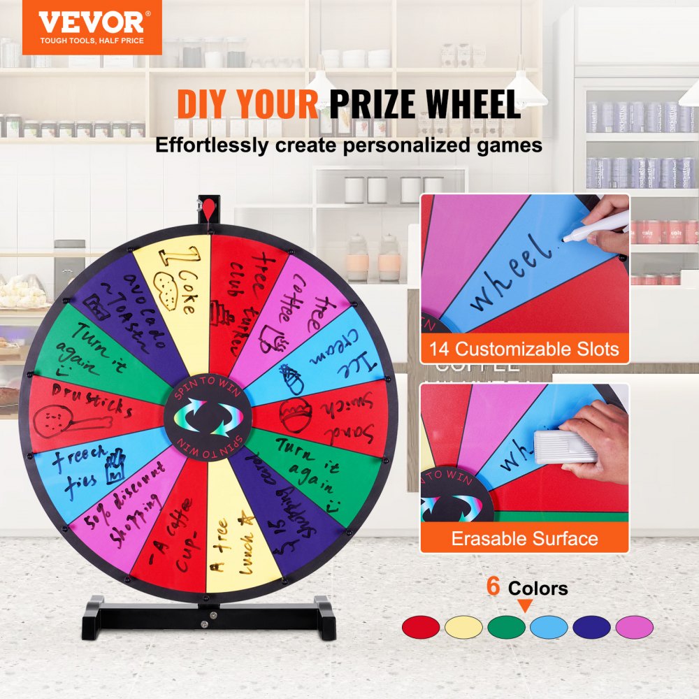 VEVOR 24 inch Spinning Prize Wheel, 14 Slots Tabletop Spinner, Heavy Duty Roulette Wheel with a Dry Erase and 2 Markers, Win Fortune Spin Games in Party Pub Trade Show Carnival 