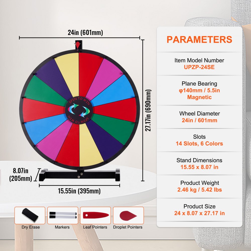 VEVOR 24 inch Spinning Prize Wheel, 14 Slots Tabletop Spinner, Heavy Duty Roulette Wheel with a Dry Erase and 2 Markers, Win Fortune Spin Games in Party Pub Trade Show Carnival 