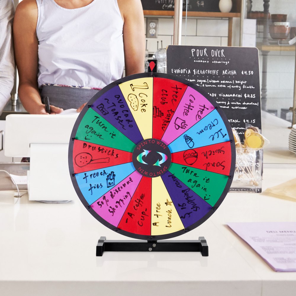 VEVOR 24 inch Spinning Prize Wheel, 14 Slots Tabletop Spinner, Heavy Duty Roulette Wheel with a Dry Erase and 2 Markers, Win Fortune Spin Games in Party Pub Trade Show Carnival 