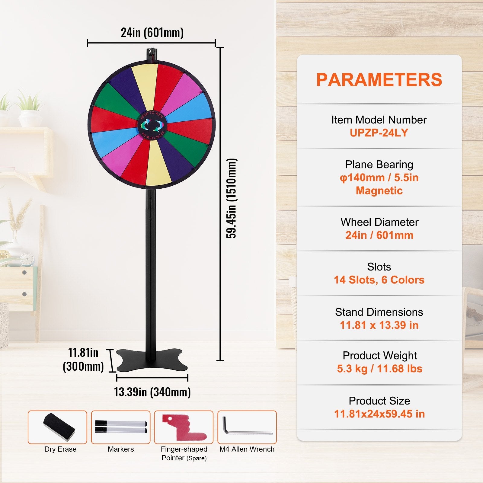 VEVOR 24 inch Spinning Prize Wheel, 14 Slots Spinning Wheel, Roulette Wheel with a Dry Erase and 2 Markers, Tabletop or Floor Standing Win Fortune Spin Games in Party Pub Trade Show Carnival 