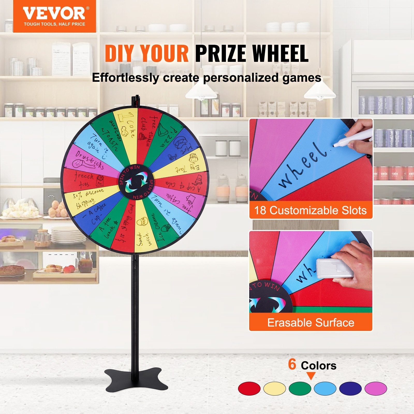 VEVOR 36 inch Spinning Prize Wheel, 18 Slots Spinning Wheel, Roulette Wheel with a Dry Erase and 2 Markers, Tabletop or Floor Standing Win Fortune Spin Games in Party Pub Trade Show Carnival 