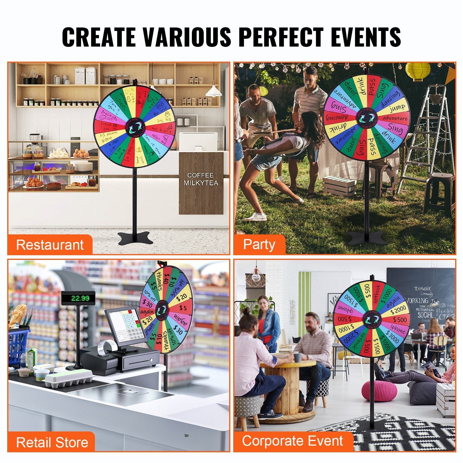 VEVOR 36 inch Spinning Prize Wheel, 18 Slots Spinning Wheel, Roulette Wheel with a Dry Erase and 2 Markers, Tabletop or Floor Standing Win Fortune Spin Games in Party Pub Trade Show Carnival 