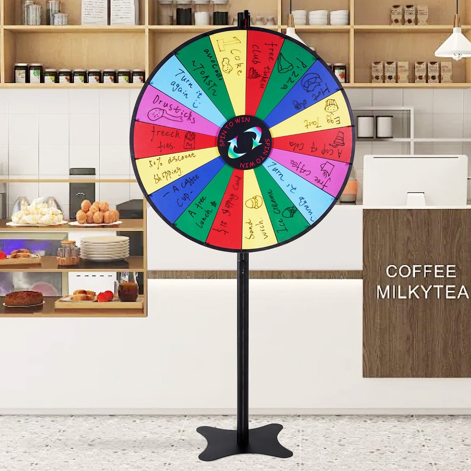 VEVOR 36 inch Spinning Prize Wheel, 18 Slots Spinning Wheel, Roulette Wheel with a Dry Erase and 2 Markers, Tabletop or Floor Standing Win Fortune Spin Games in Party Pub Trade Show Carnival 