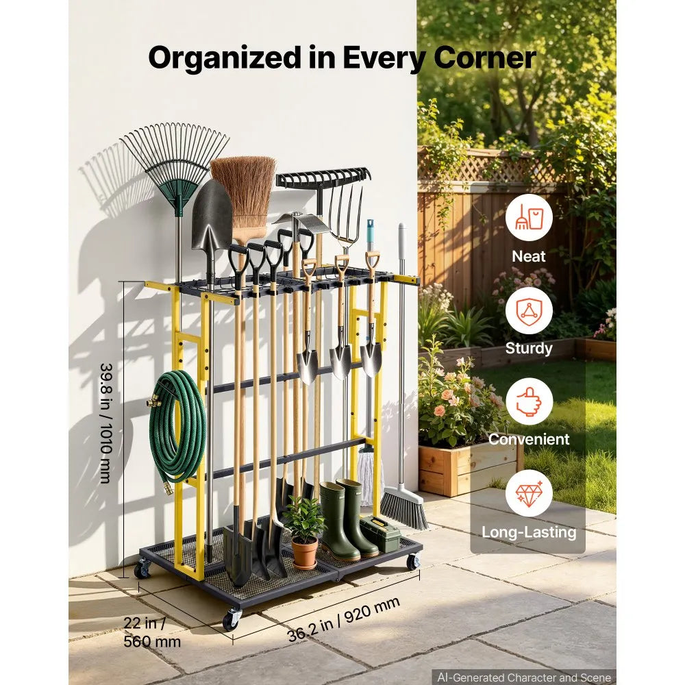 Rolling Garden Tool Organizer – Heavy-Duty Metal Storage Rack for Rakes, Shovels & Long-Handle Tools