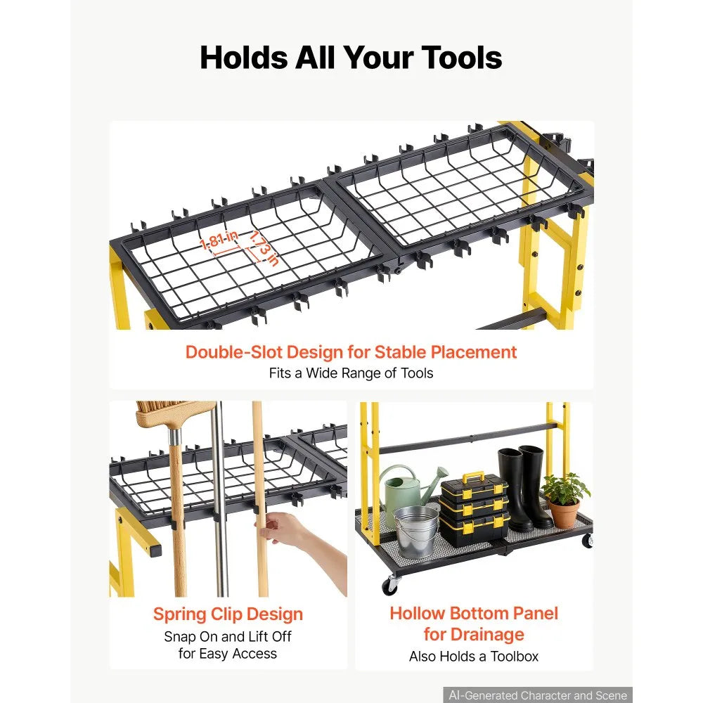 Rolling Garden Tool Organizer – Heavy-Duty Metal Storage Rack for Rakes, Shovels & Long-Handle Tools