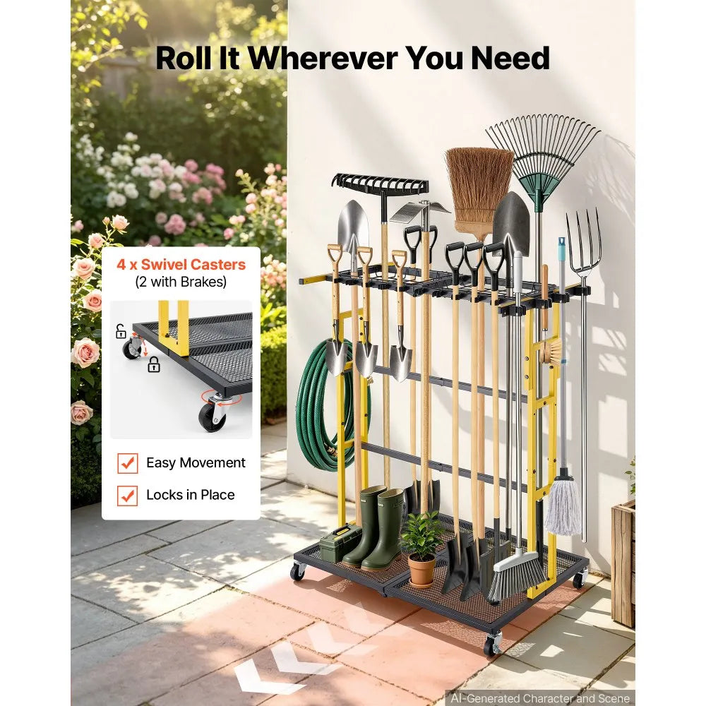Rolling Garden Tool Organizer – Heavy-Duty Metal Storage Rack for Rakes, Shovels & Long-Handle Tools