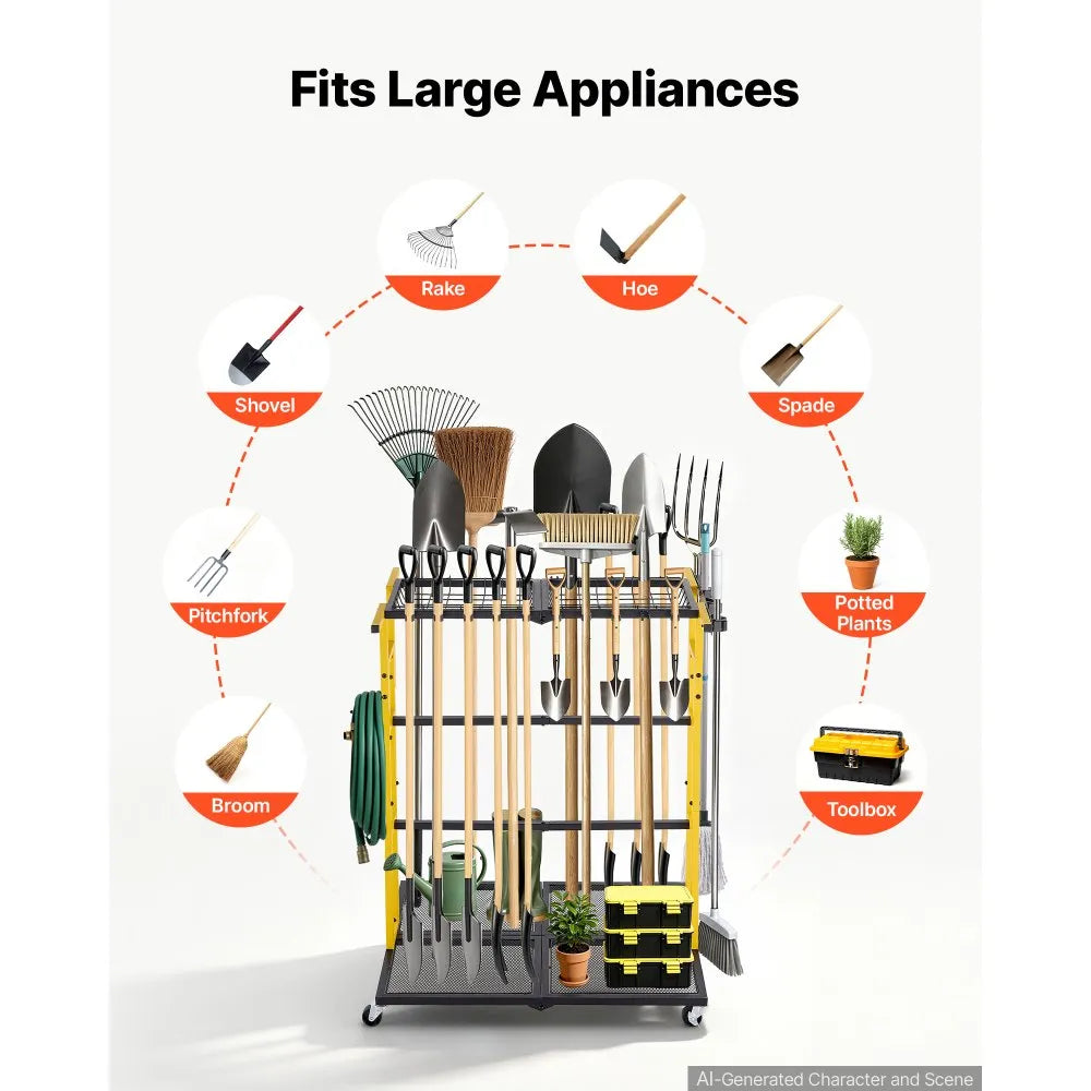 Rolling Garden Tool Organizer – Heavy-Duty Metal Storage Rack for Rakes, Shovels & Long-Handle Tools