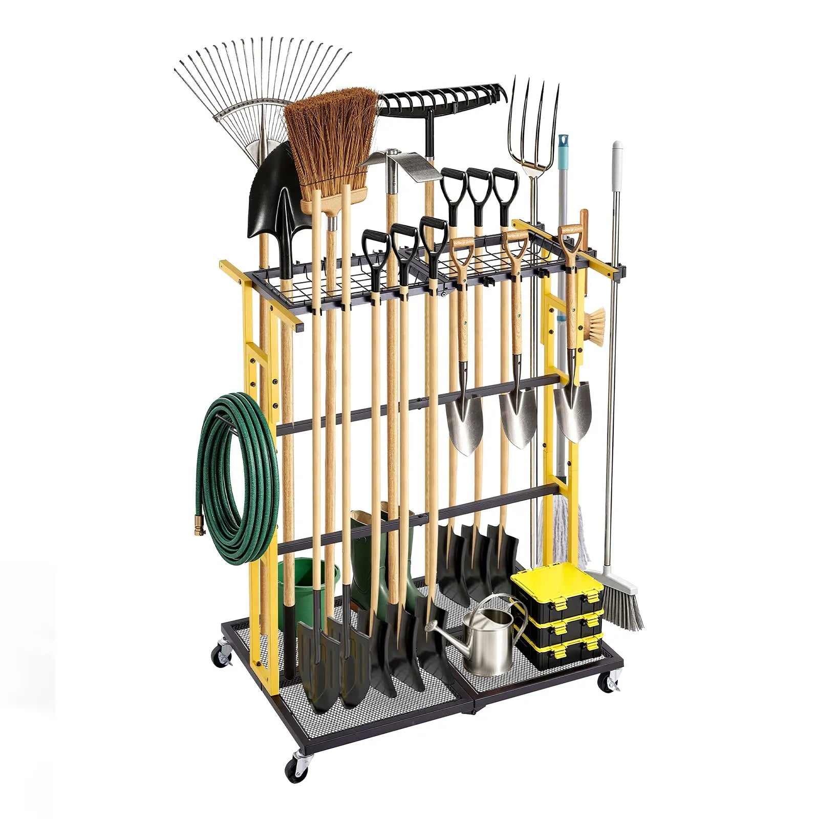 Rolling Garden Tool Organizer – Heavy-Duty Metal Storage Rack for Rakes, Shovels & Long-Handle Tools