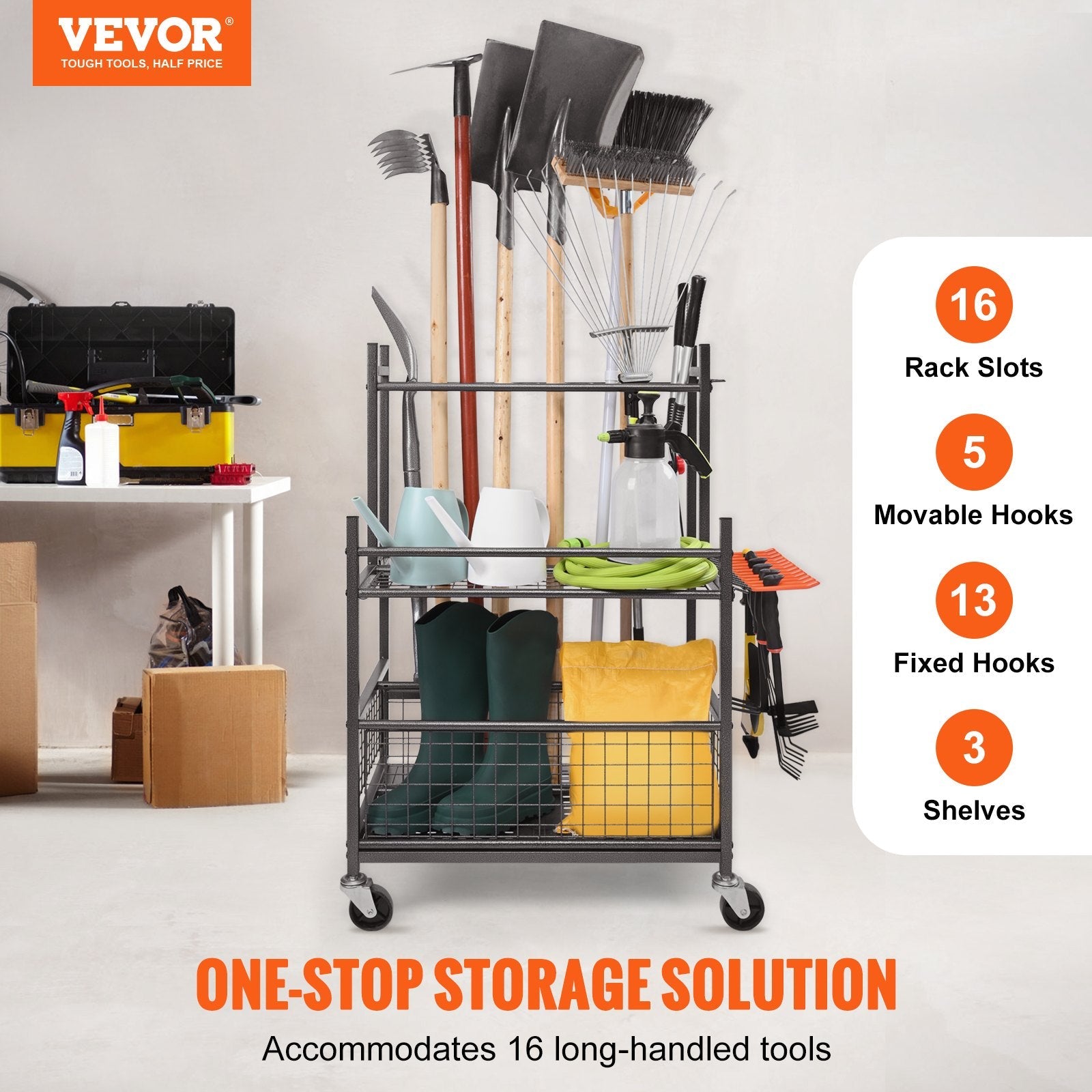 VEVOR Garden Tool Organizer, 16 Slots with Hooks, Yard Tool Tower Rack with Wheels for Garage Organization and Storage, Hold Long-Handled Tool/Rake/Broom, Metal Tool Stand Holder for Shed, Outdoor 