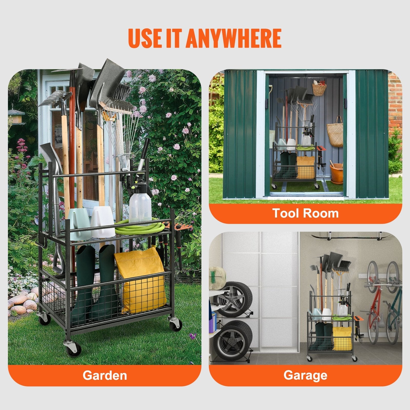VEVOR Garden Tool Organizer, 16 Slots with Hooks, Yard Tool Tower Rack with Wheels for Garage Organization and Storage, Hold Long-Handled Tool/Rake/Broom, Metal Tool Stand Holder for Shed, Outdoor 