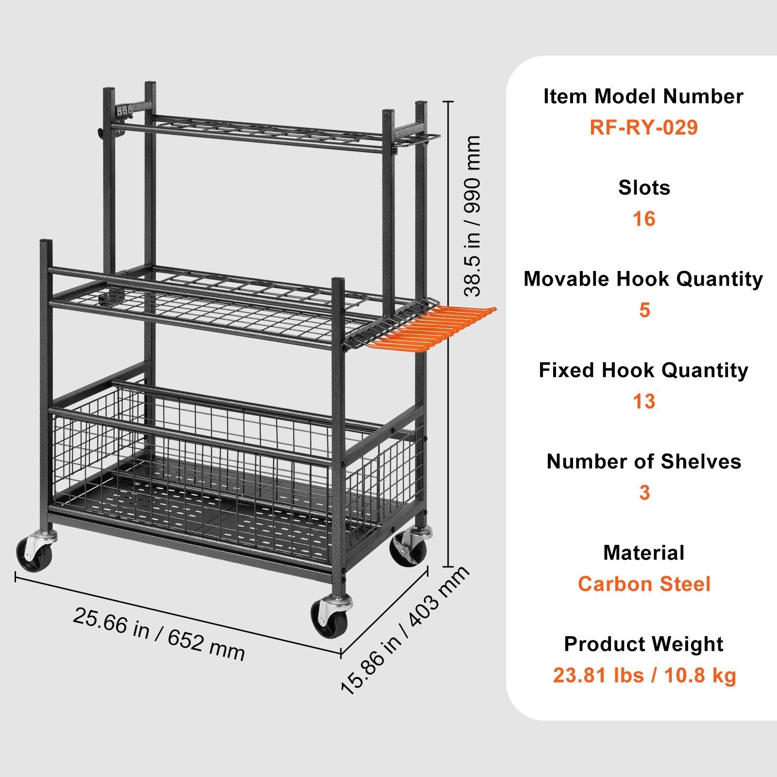 VEVOR Garden Tool Organizer, 16 Slots with Hooks, Yard Tool Tower Rack with Wheels for Garage Organization and Storage, Hold Long-Handled Tool/Rake/Broom, Metal Tool Stand Holder for Shed, Outdoor 