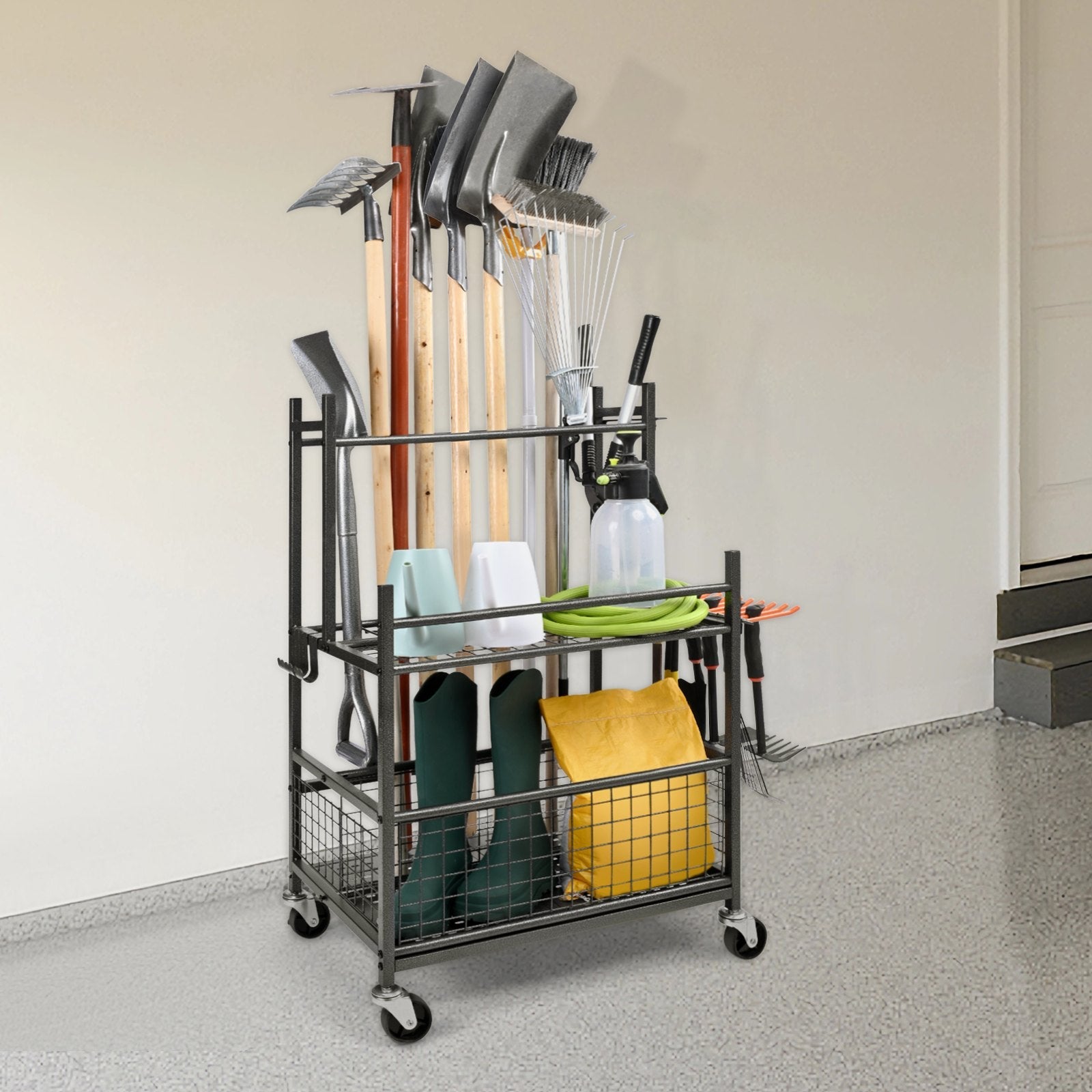 VEVOR Garden Tool Organizer, 16 Slots with Hooks, Yard Tool Tower Rack with Wheels for Garage Organization and Storage, Hold Long-Handled Tool/Rake/Broom, Metal Tool Stand Holder for Shed, Outdoor 