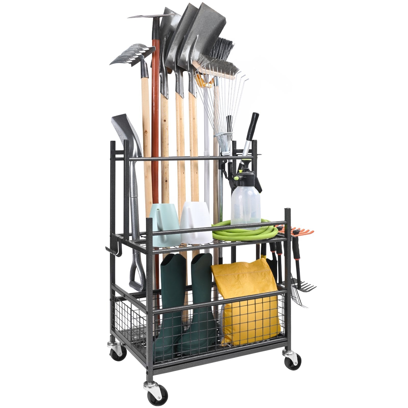 VEVOR Garden Tool Organizer, 16 Slots with Hooks, Yard Tool Tower Rack with Wheels for Garage Organization and Storage, Hold Long-Handled Tool/Rake/Broom, Metal Tool Stand Holder for Shed, Outdoor 