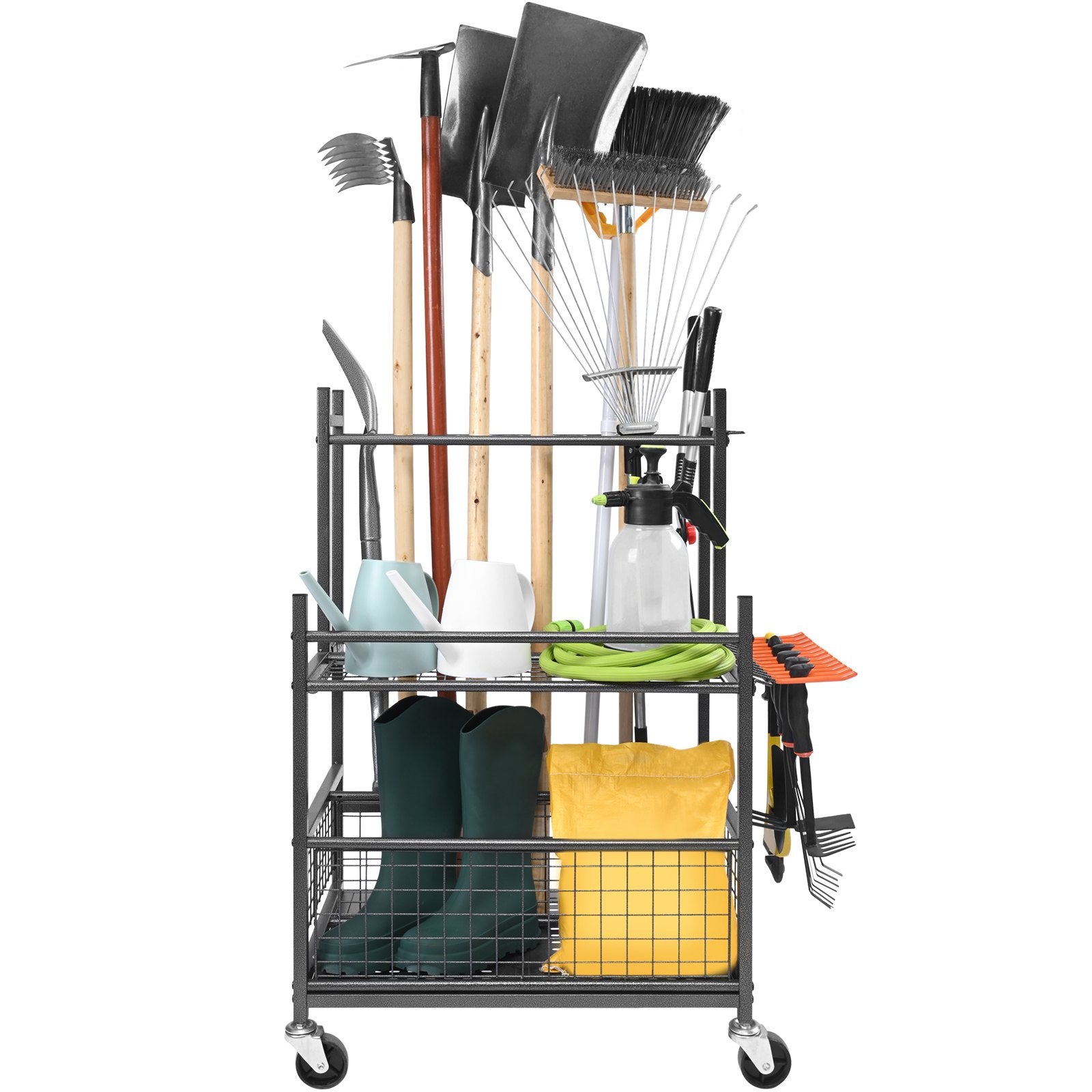 VEVOR Garden Tool Organizer, 16 Slots with Hooks, Yard Tool Tower Rack with Wheels for Garage Organization and Storage, Hold Long-Handled Tool/Rake/Broom, Metal Tool Stand Holder for Shed, Outdoor 