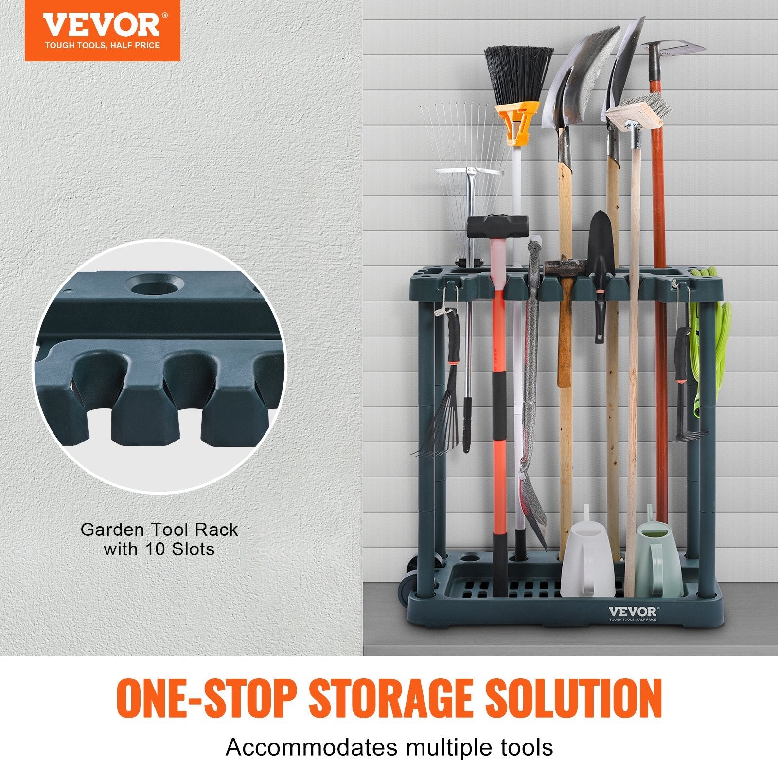 VEVOR Garden Tool Organizer, 10 Slots, Yard Tool Tower Rack for Garage Organization and Storage, Hold Long-Handled Tool/Rake/Broom/Shovel, PP Garden Tool Stand Holder Organizer for Yard, Shed, Outdoor 