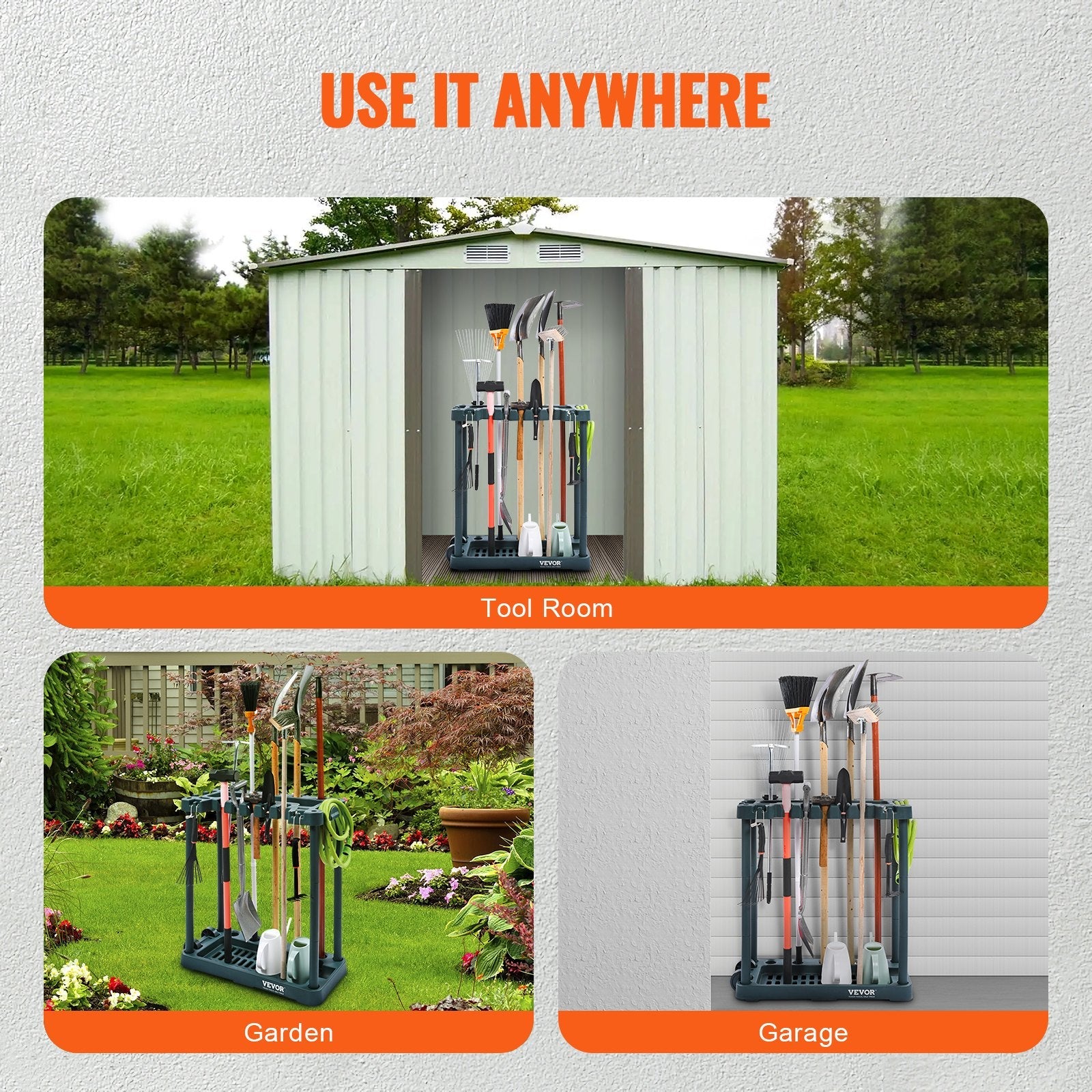 VEVOR Garden Tool Organizer, 10 Slots, Yard Tool Tower Rack for Garage Organization and Storage, Hold Long-Handled Tool/Rake/Broom/Shovel, PP Garden Tool Stand Holder Organizer for Yard, Shed, Outdoor 