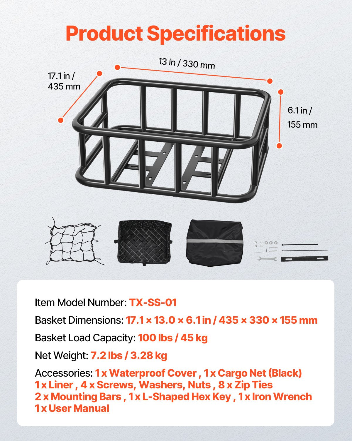 VEVOR Rear Bike Basket Large Bicycle Basket with Cargo Net Rainproof Cover Liner 