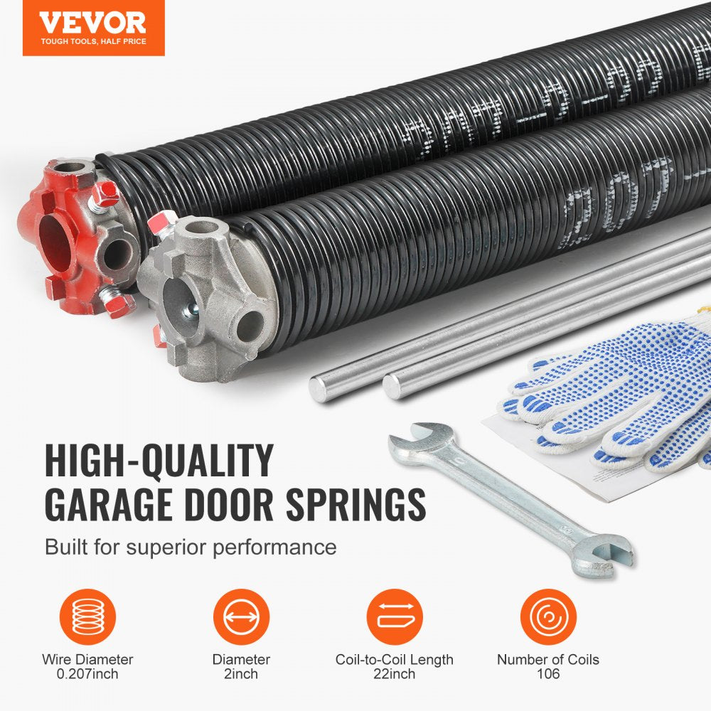 VEVOR Garage Door Torsion Springs, Pair of 0.207 x 2 x 22inch, 16000 Cycles, Garage Door Springs with Non-Slip Winding Bars, Gloves and Mounting Wrench, Electrophoresis Coated for Replacement 