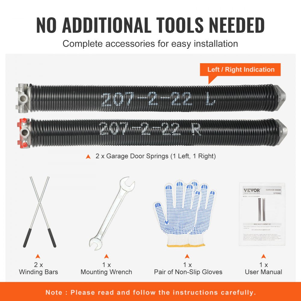 VEVOR Garage Door Torsion Springs, Pair of 0.207 x 2 x 22inch, 16000 Cycles, Garage Door Springs with Non-Slip Winding Bars, Gloves and Mounting Wrench, Electrophoresis Coated for Replacement 