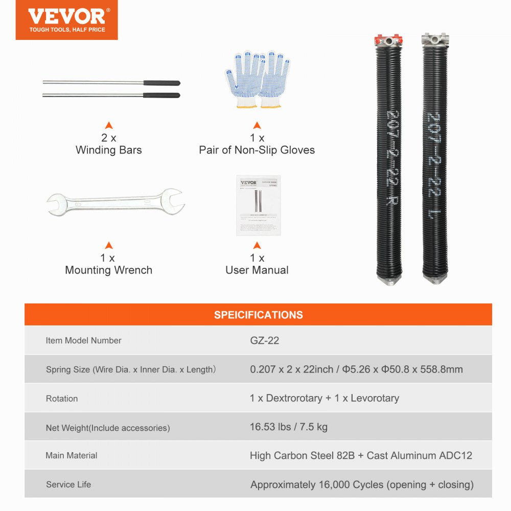 VEVOR Garage Door Torsion Springs, Pair of 0.207 x 2 x 22inch, 16000 Cycles, Garage Door Springs with Non-Slip Winding Bars, Gloves and Mounting Wrench, Electrophoresis Coated for Replacement 