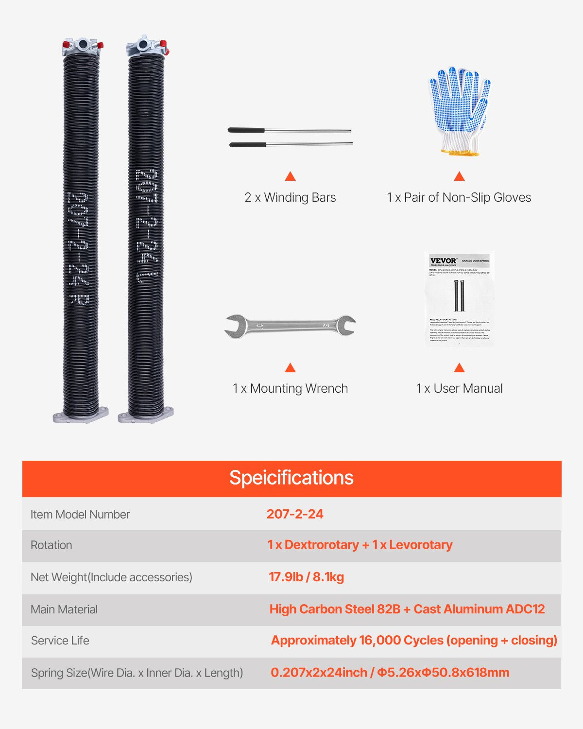 VEVOR Garage Door Torsion Springs Pair of 0.207 x 2 x 24 inch with Winding Bars 