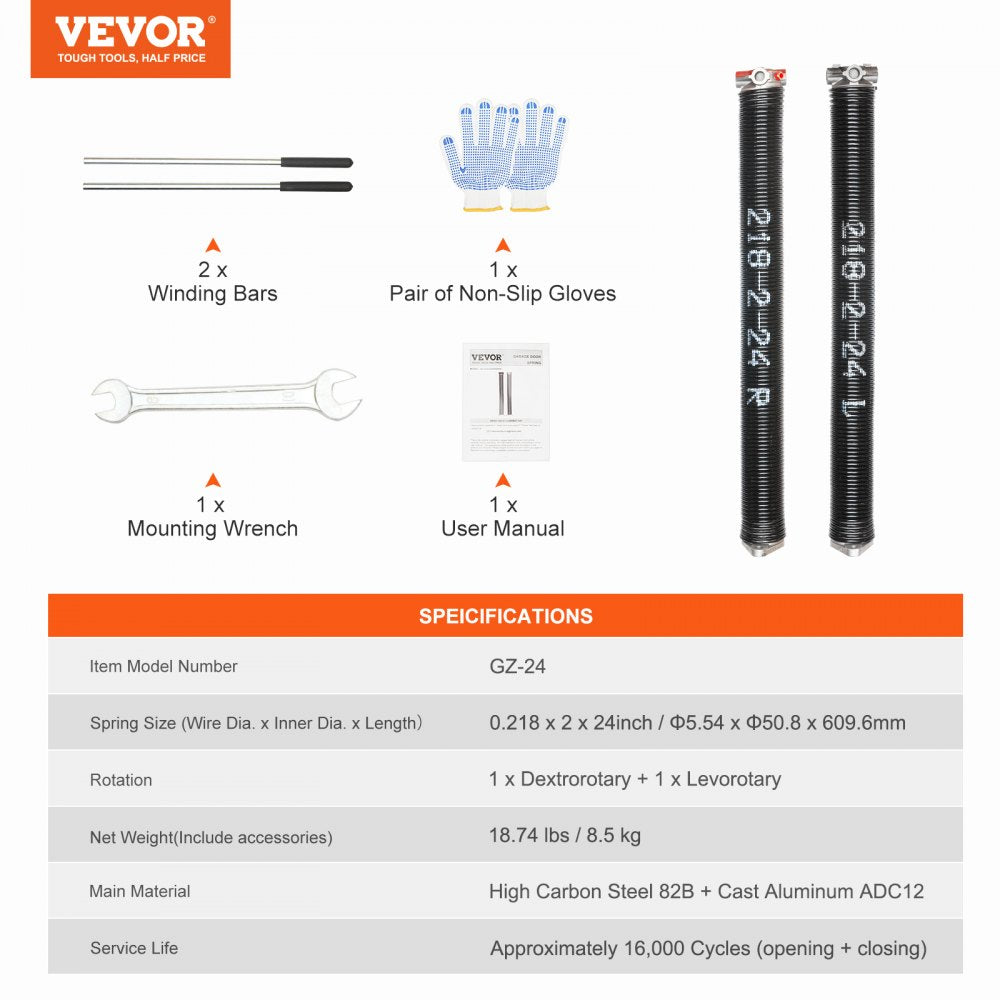 VEVOR Garage Door Torsion Springs, Pair of 0.218 x 2 x 24inch, 16000 Cycles, Garage Door Springs with Non-Slip Winding Bars, Gloves and Mounting Wrench, Electrophoresis Coated for Replacement 