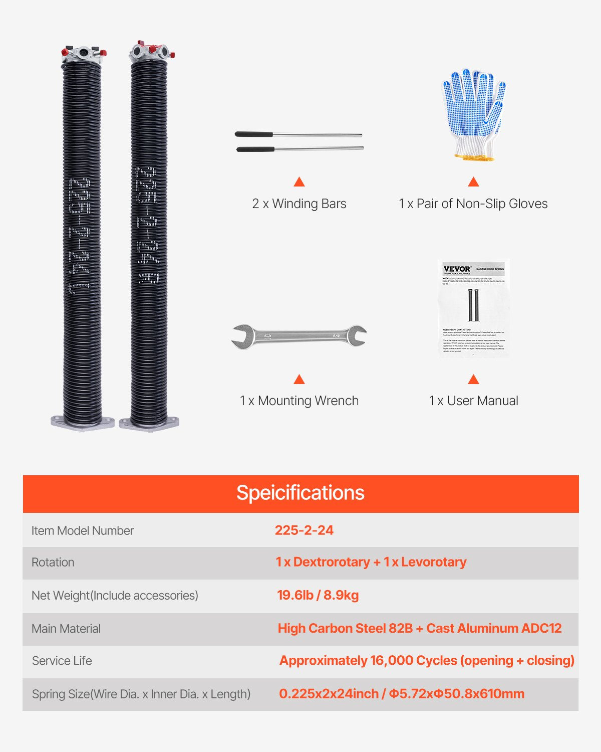 VEVOR Garage Door Torsion Springs Pair of 0.225 x 2 x 24 inch with Winding Bars 