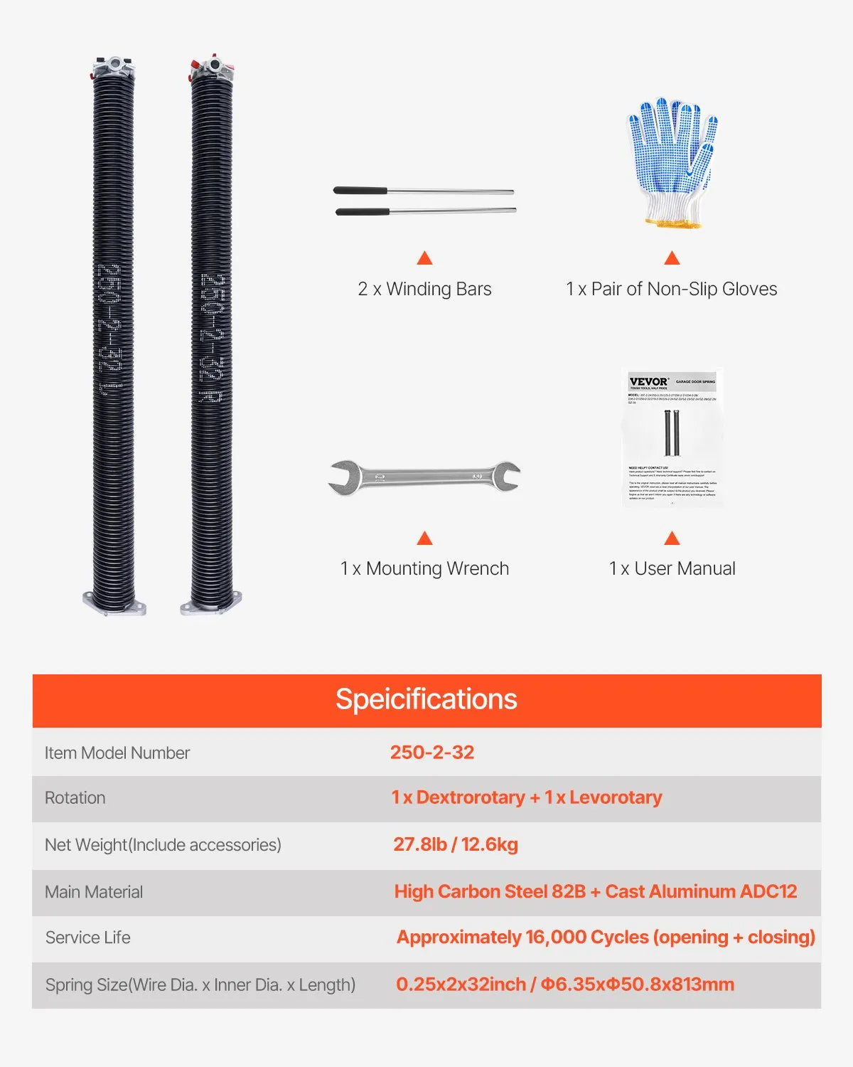 VEVOR Garage Door Torsion Springs Pair of 0.25 x 2 x 32 inch with Winding Bars