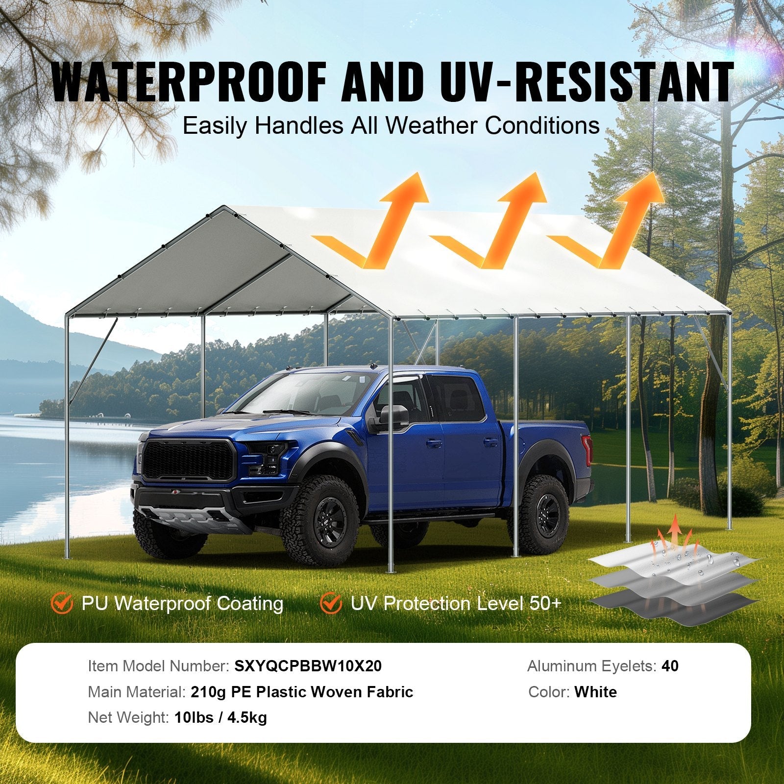 VEVOR 10 x 20 ft Carport Replacement Canopy Cover, Garage Top Tent Shelter Tarp Heavy-Duty Waterproof & UV Protected, Easy Installation with 40 Ball Bungeess (Only Top Cover, Frame Not Include), White 