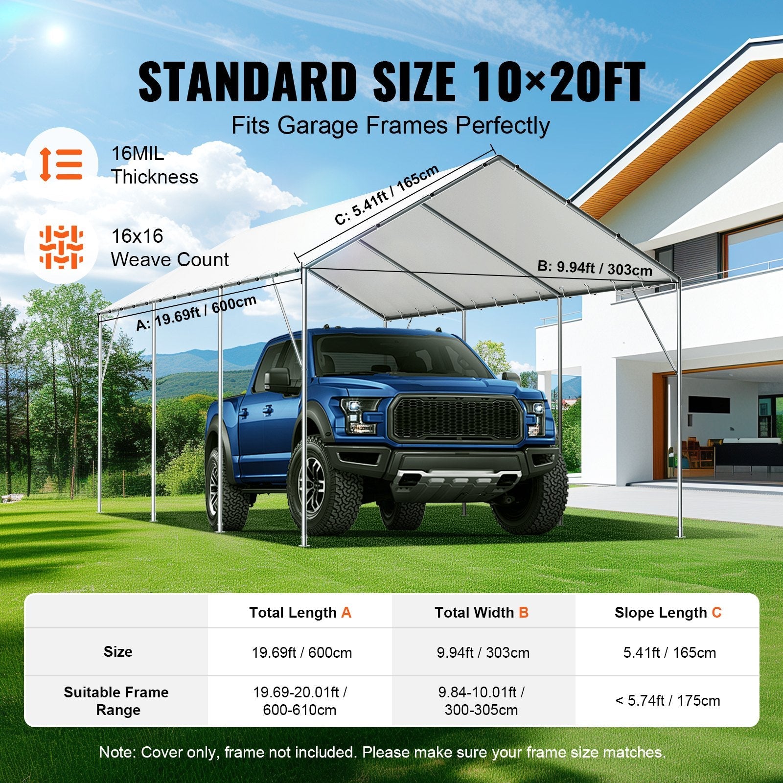 VEVOR 10 x 20 ft Carport Replacement Canopy Cover, Garage Top Tent Shelter Tarp Heavy-Duty Waterproof & UV Protected, Easy Installation with 40 Ball Bungeess (Only Top Cover, Frame Not Include), White 
