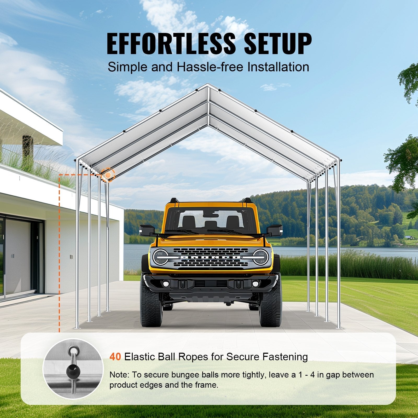 VEVOR 10 x 20 ft Carport Replacement Canopy Cover, Garage Top Tent Shelter Tarp Heavy-Duty Waterproof & UV Protected, Easy Installation with 40 Ball Bungeess (Only Top Cover, Frame Not Include), White 
