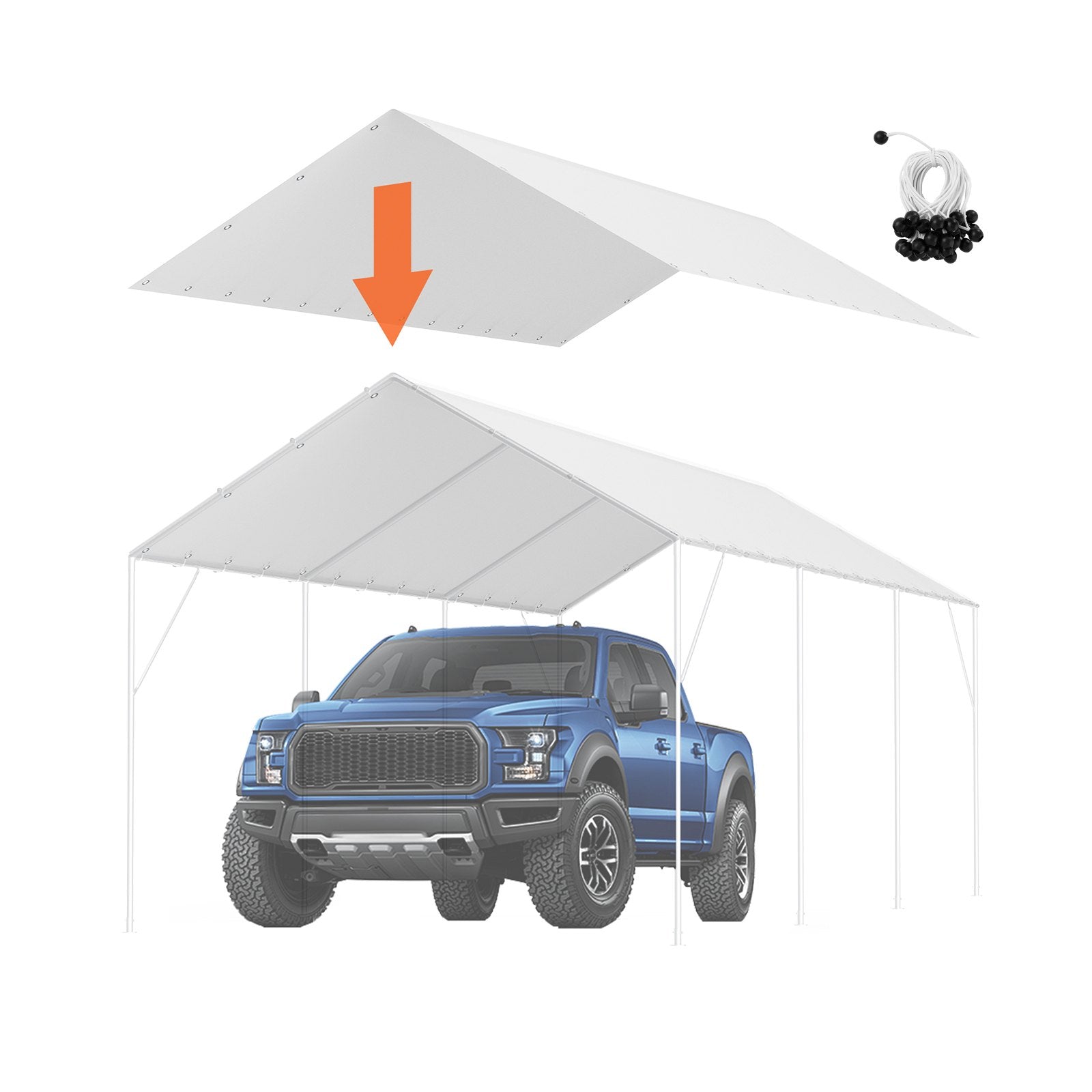 VEVOR 10 x 20 ft Carport Replacement Canopy Cover, Garage Top Tent Shelter Tarp Heavy-Duty Waterproof & UV Protected, Easy Installation with 40 Ball Bungeess (Only Top Cover, Frame Not Include), White 