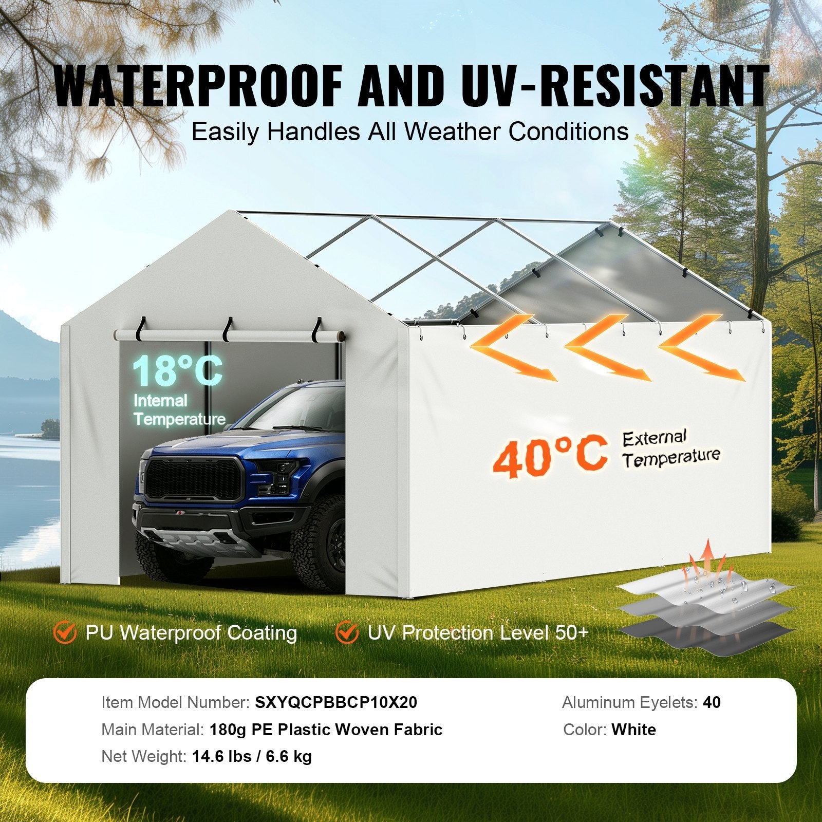 VEVOR Carport Replacement Canopy Cover Side Wall 10 x 20 ft, Garage Tent Shelter Tarp Heavy-Duty Waterproof & UV Protected, Easy Installation with Ball Bungees,White (Top and Frame Not Included) 