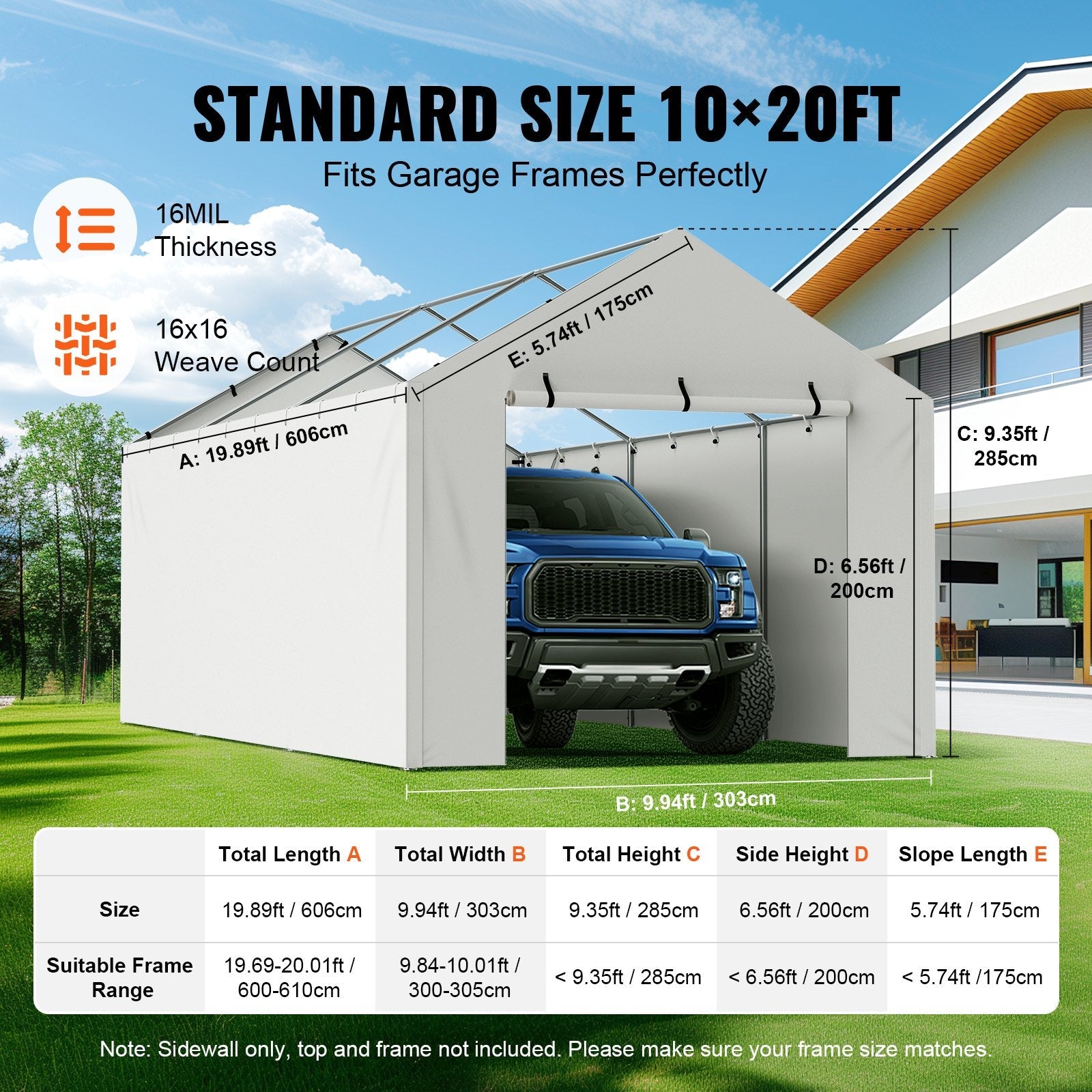 VEVOR Carport Replacement Canopy Cover Side Wall 10 x 20 ft, Garage Tent Shelter Tarp Heavy-Duty Waterproof & UV Protected, Easy Installation with Ball Bungees,White (Top and Frame Not Included) 