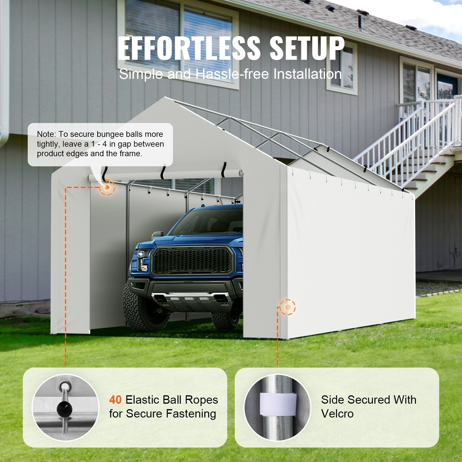 VEVOR Carport Replacement Canopy Cover Side Wall 10 x 20 ft, Garage Tent Shelter Tarp Heavy-Duty Waterproof & UV Protected, Easy Installation with Ball Bungees,White (Top and Frame Not Included) 