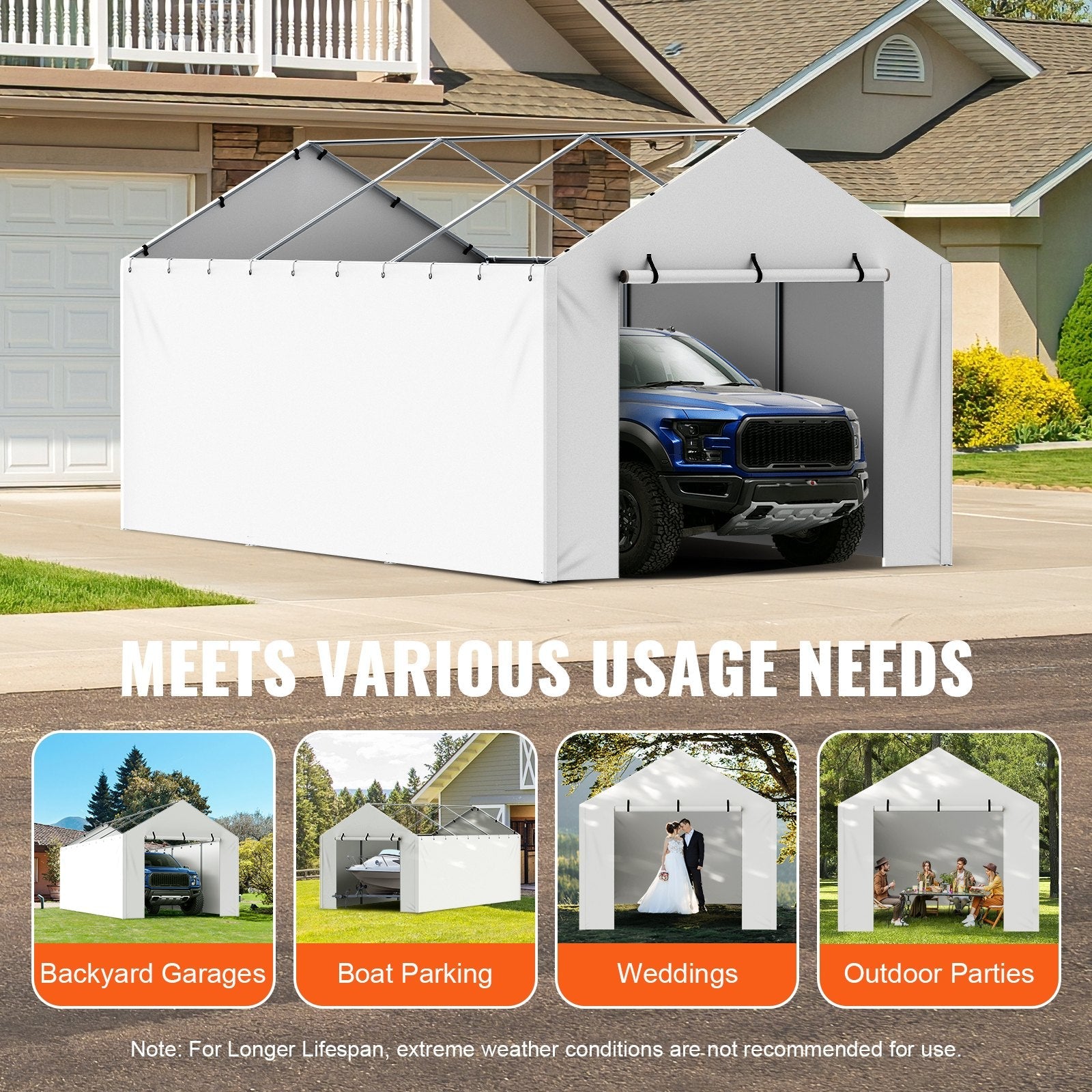 VEVOR Carport Replacement Canopy Cover Side Wall 10 x 20 ft, Garage Tent Shelter Tarp Heavy-Duty Waterproof & UV Protected, Easy Installation with Ball Bungees,White (Top and Frame Not Included) 