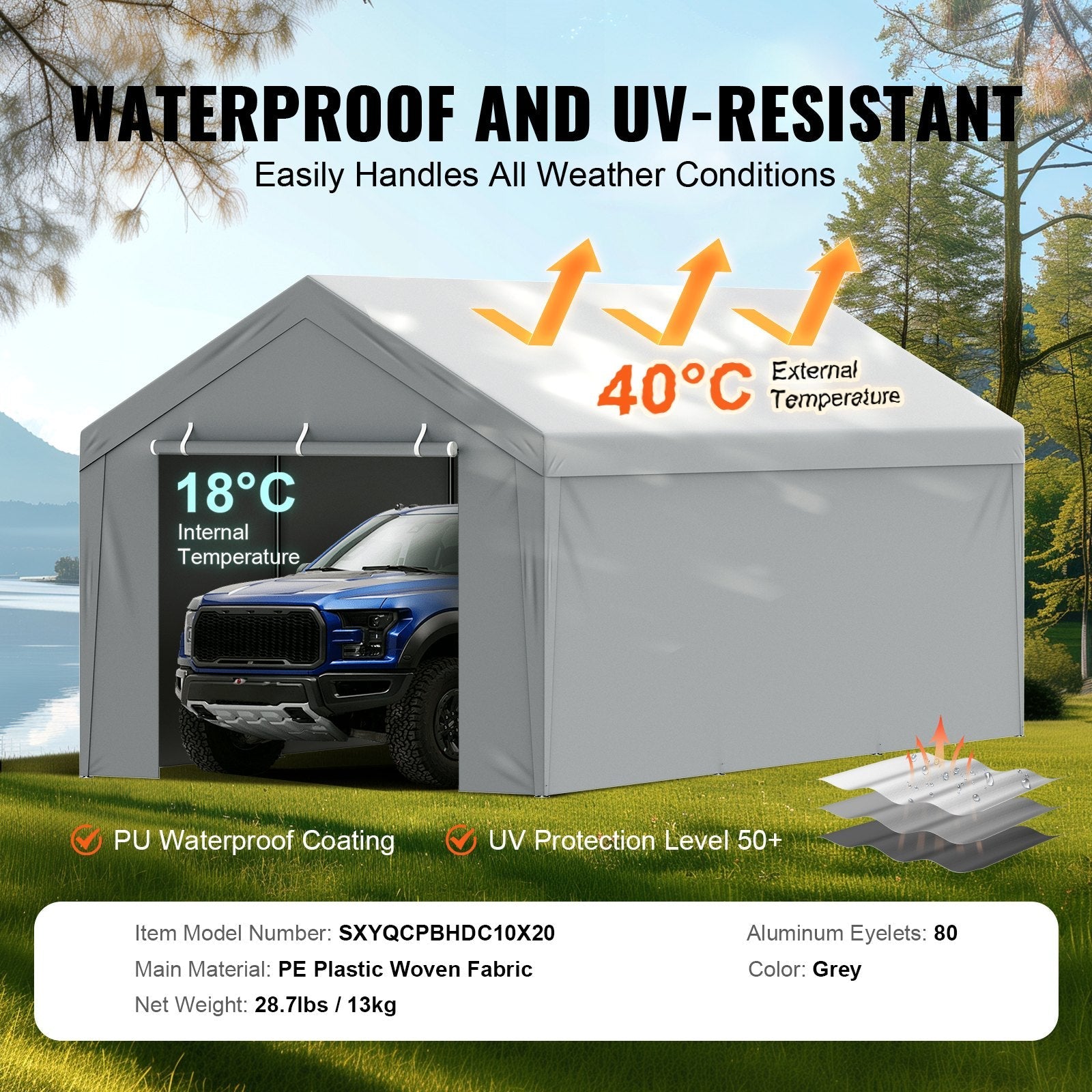 VEVOR Carport Replacement Canopy Cover Top + Side Wall 10 x 20 ft, Garage Tent Shelter Tarp Heavy-Duty Waterproof & UV Protected, Easy Installation with Ball Bungees,Gray (Frame Not Included) 