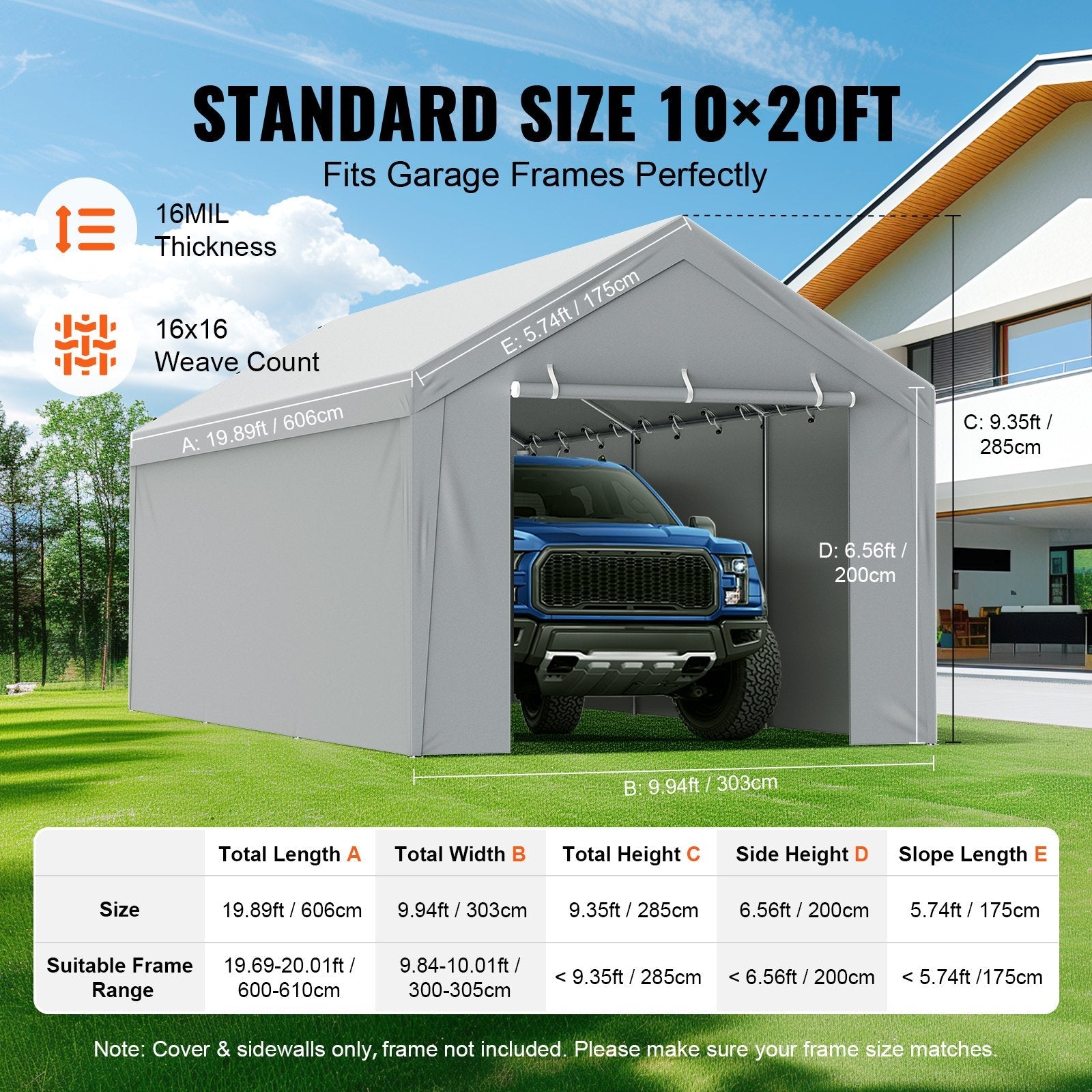 VEVOR Carport Replacement Canopy Cover Top + Side Wall 10 x 20 ft, Garage Tent Shelter Tarp Heavy-Duty Waterproof & UV Protected, Easy Installation with Ball Bungees,Gray (Frame Not Included) 