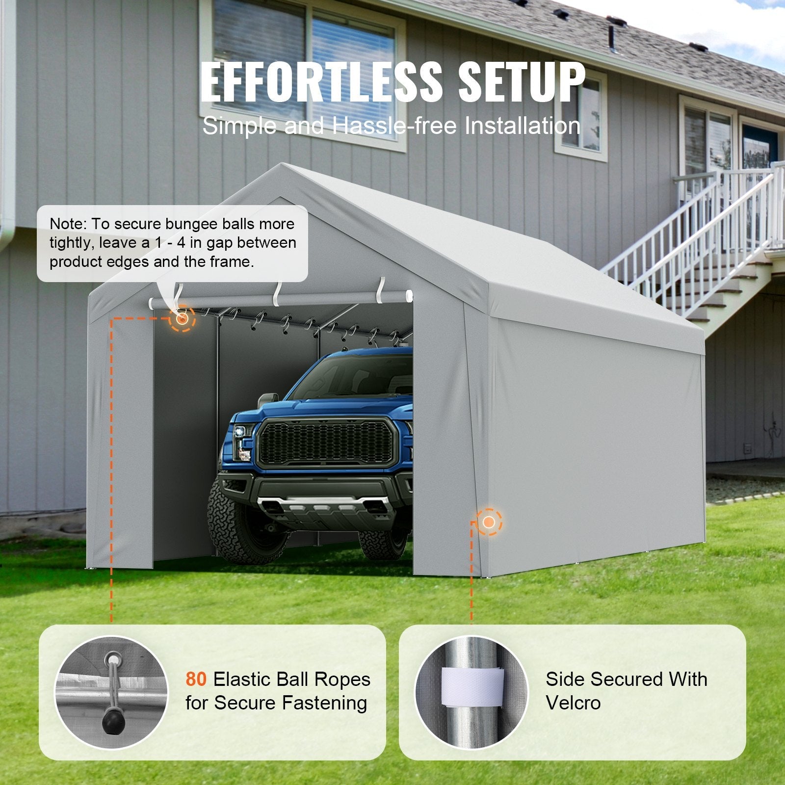 VEVOR Carport Replacement Canopy Cover Top + Side Wall 10 x 20 ft, Garage Tent Shelter Tarp Heavy-Duty Waterproof & UV Protected, Easy Installation with Ball Bungees,Gray (Frame Not Included) 