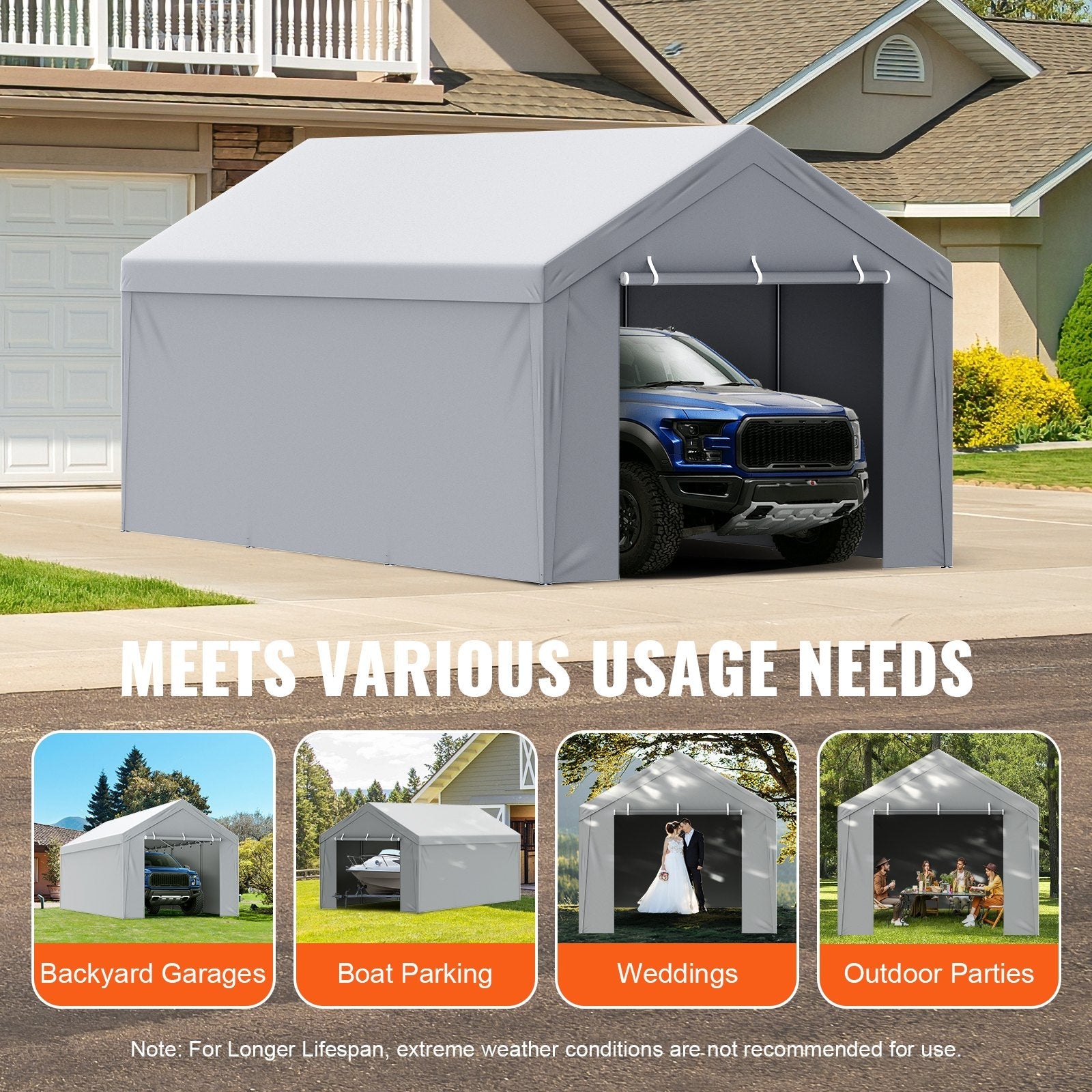 VEVOR Carport Replacement Canopy Cover Top + Side Wall 10 x 20 ft, Garage Tent Shelter Tarp Heavy-Duty Waterproof & UV Protected, Easy Installation with Ball Bungees,Gray (Frame Not Included) 