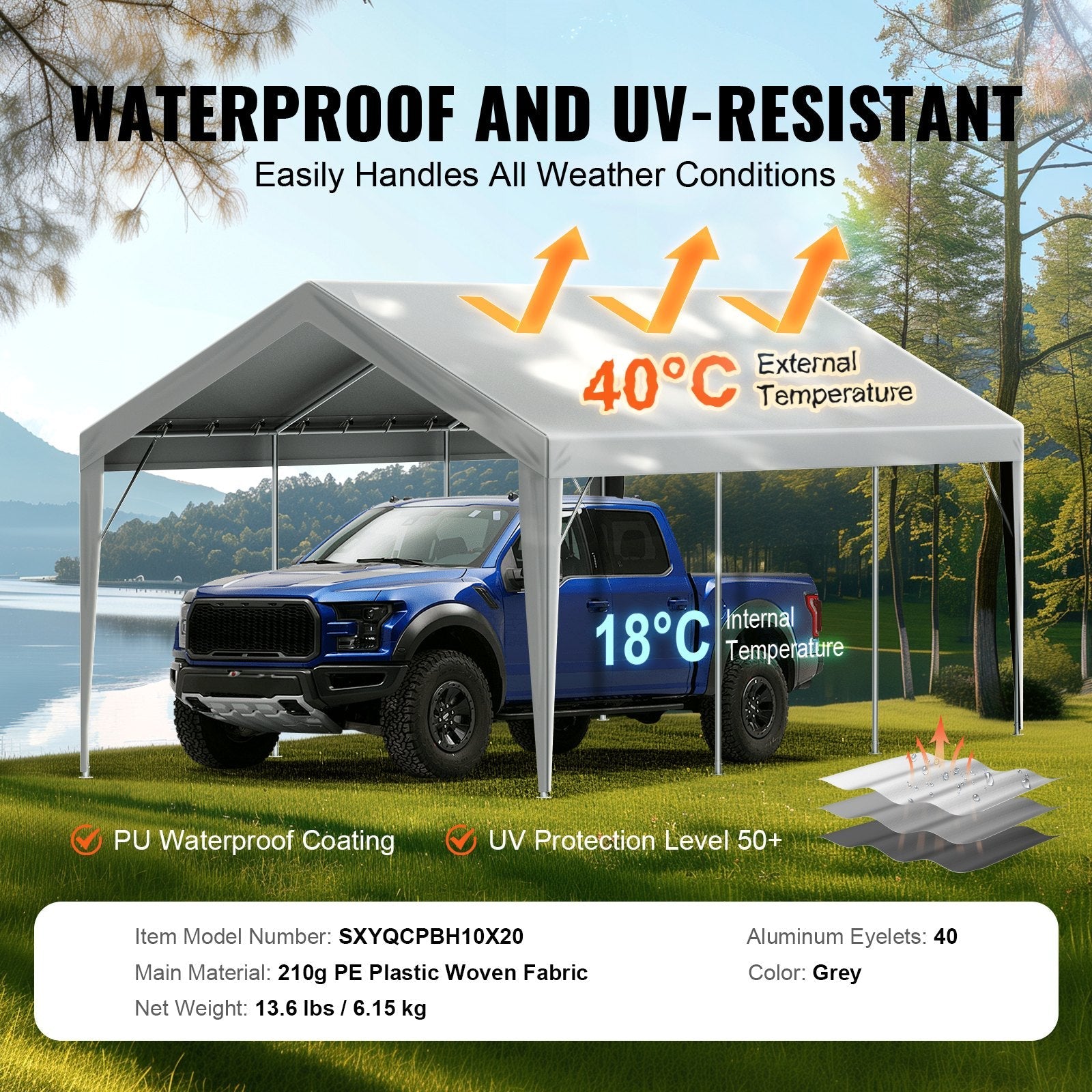 VEVOR Carport Replacement Canopy Cover 10 x 20 ft, Garage Top Tent Shelter Tarp Heavy-Duty Waterproof & UV Protected, Easy Installation with Ball Bungees,Grey (Only Top Cover, Frame Not Include) 