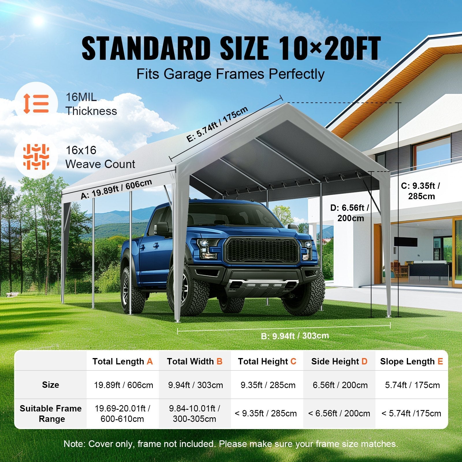 VEVOR Carport Replacement Canopy Cover 10 x 20 ft, Garage Top Tent Shelter Tarp Heavy-Duty Waterproof & UV Protected, Easy Installation with Ball Bungees,Grey (Only Top Cover, Frame Not Include) 