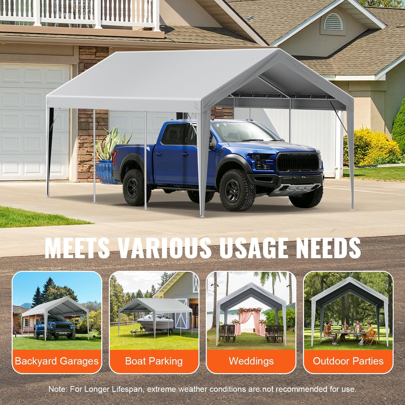 VEVOR Carport Replacement Canopy Cover 10 x 20 ft, Garage Top Tent Shelter Tarp Heavy-Duty Waterproof & UV Protected, Easy Installation with Ball Bungees,Grey (Only Top Cover, Frame Not Include) 