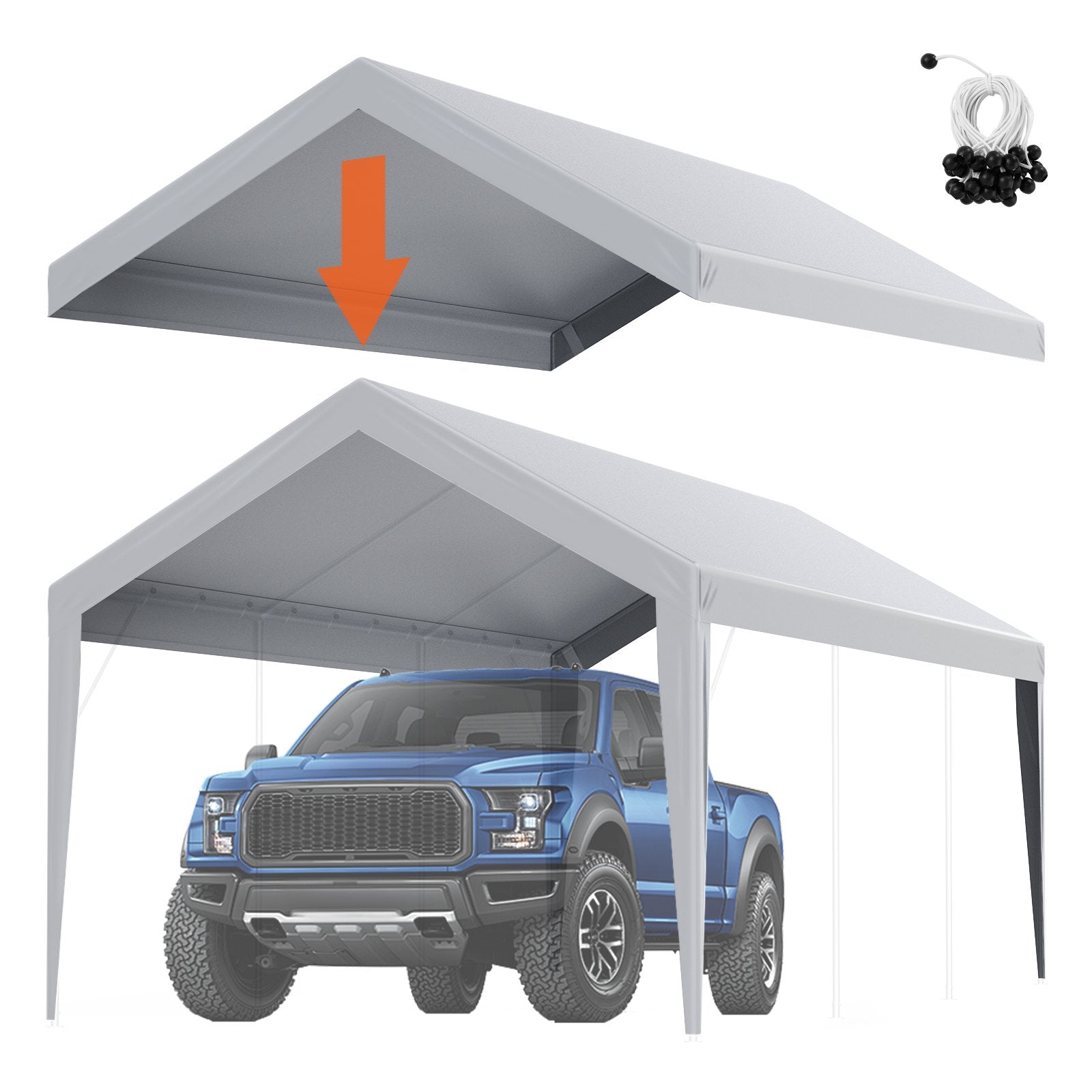 VEVOR Carport Replacement Canopy Cover 10 x 20 ft, Garage Top Tent Shelter Tarp Heavy-Duty Waterproof & UV Protected, Easy Installation with Ball Bungees,Grey (Only Top Cover, Frame Not Include) 